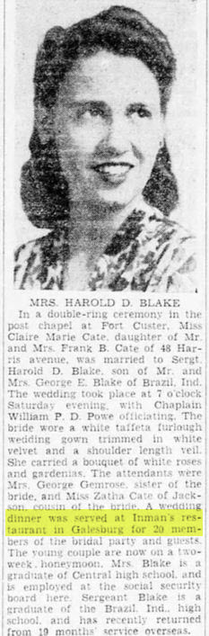 Inmans Restaurant - Jul 1943 Wedding Notice (newer photo)